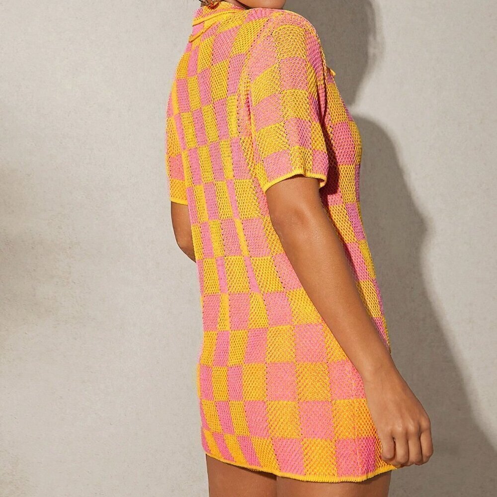 Multicolor Casual Women's Checker Knit Button Top & Shorts Set - Picture 3 of 5